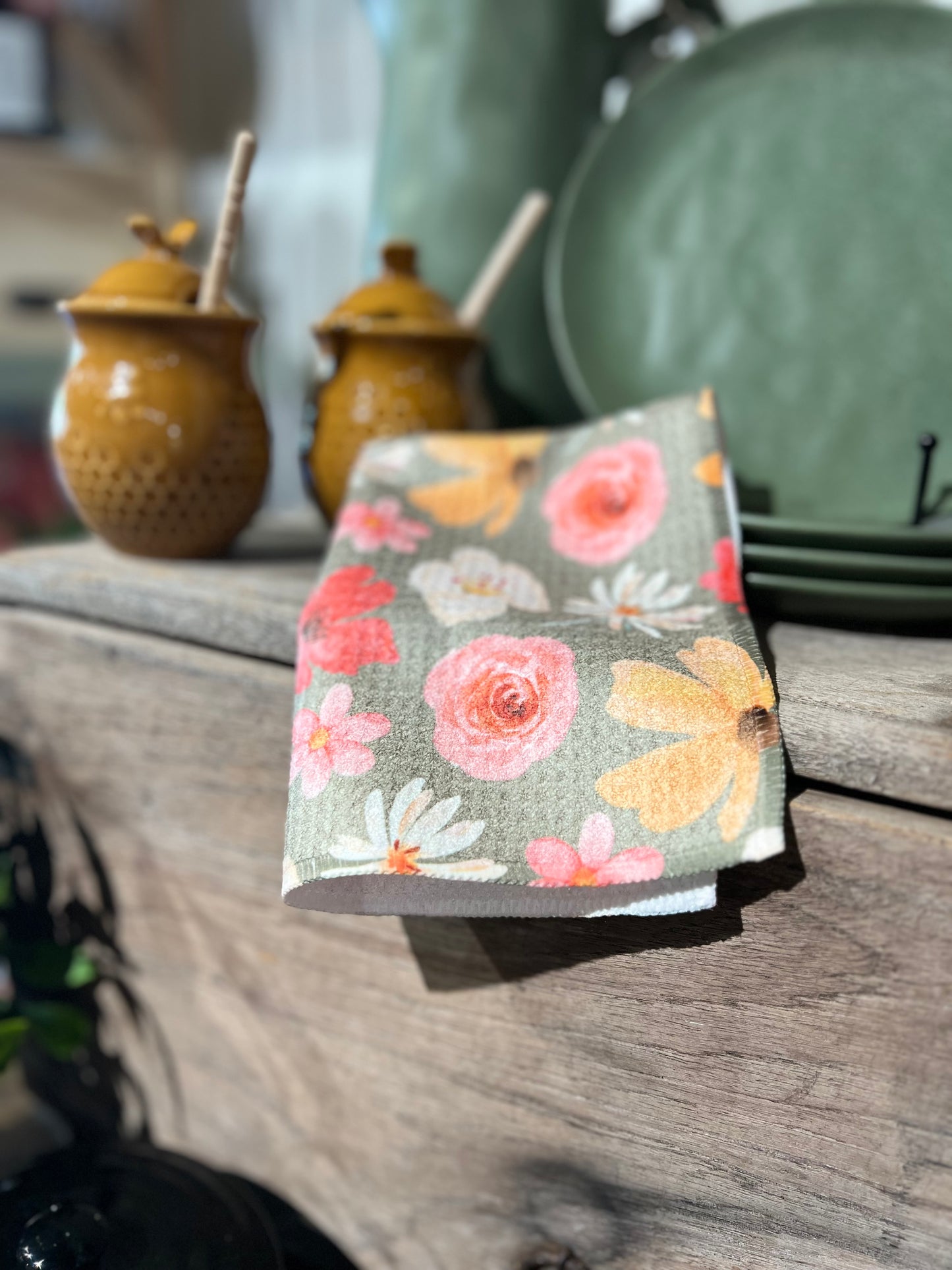 Happy Flowers - Set of 3 Dishcloths - (Olive)