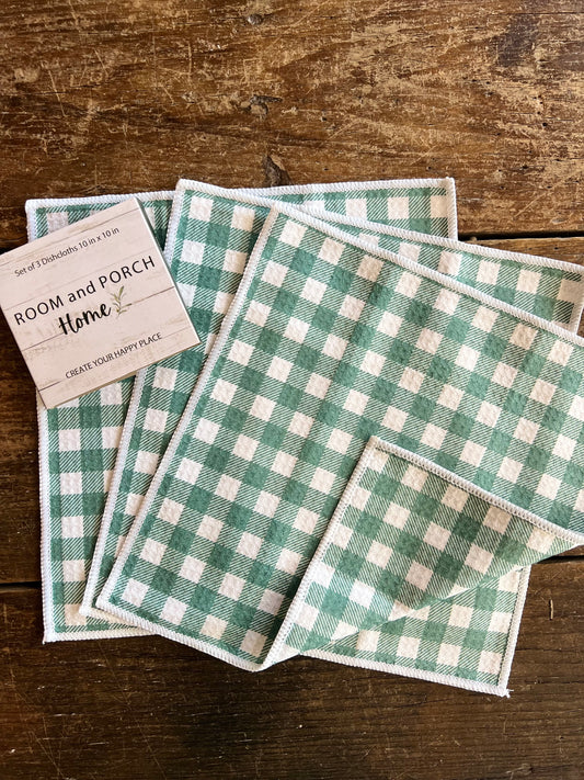 Autumn Green Gingham - 2 sided - Set of 3 Dishcloths