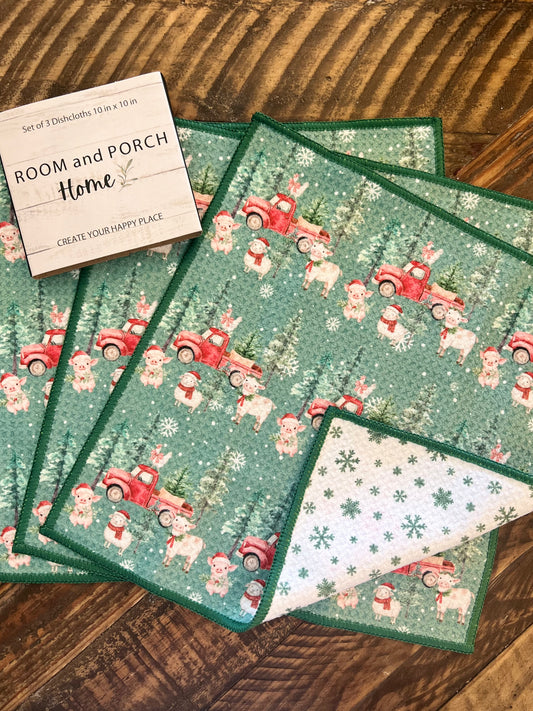 Christmas at the Farm - 2 sided - Set of 3 Dishcloths