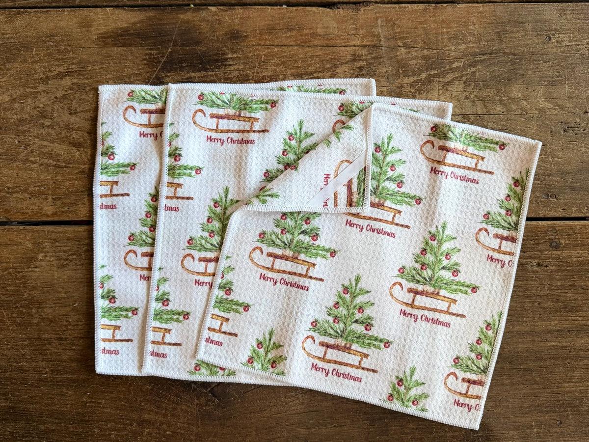 Vintage Merry Christmas - 2 Sided - Set of 3 Dishcloths