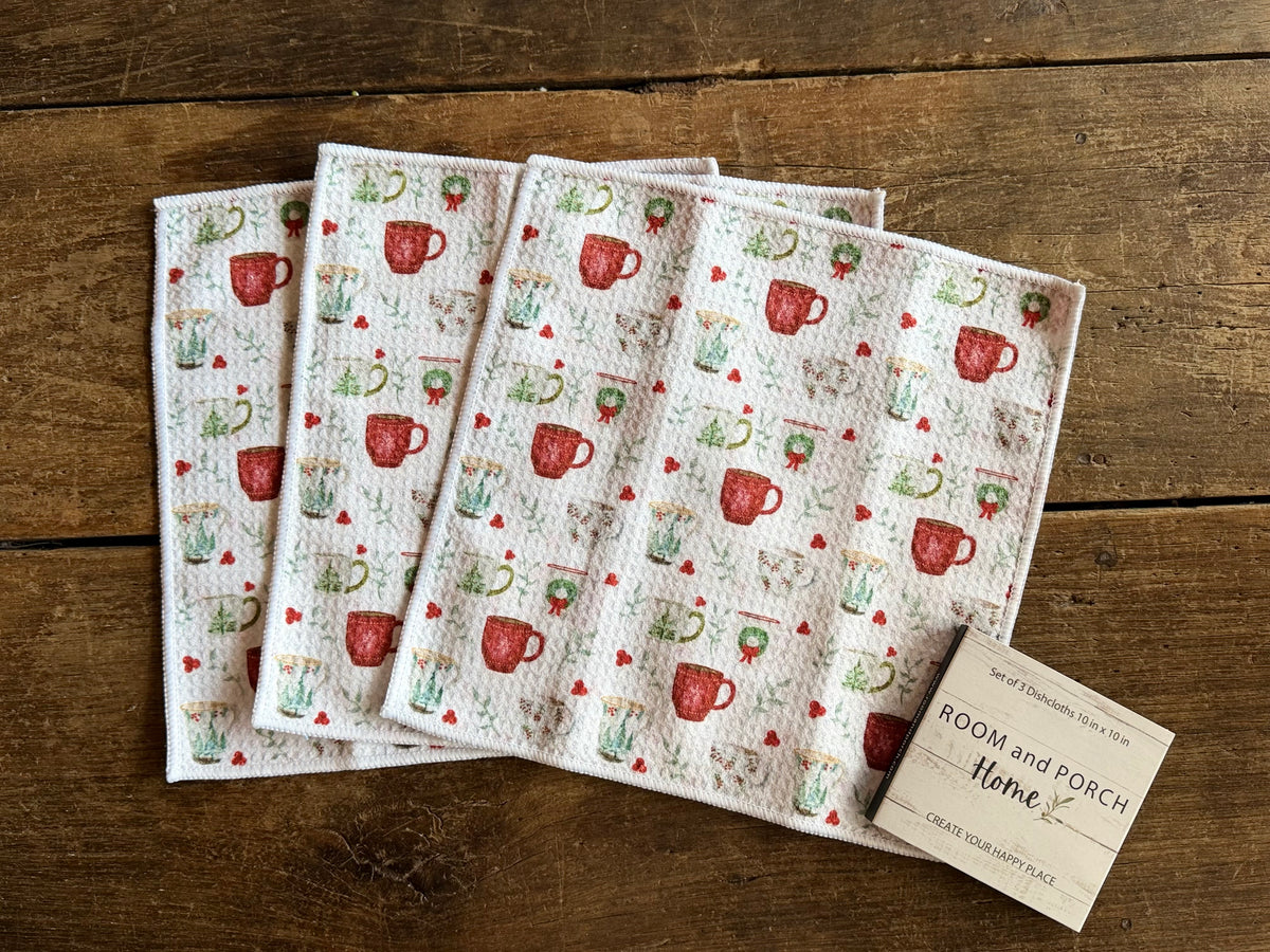Christmas Mugs - 2 sided - Set of 3 Dishcloths - Room and Porch 