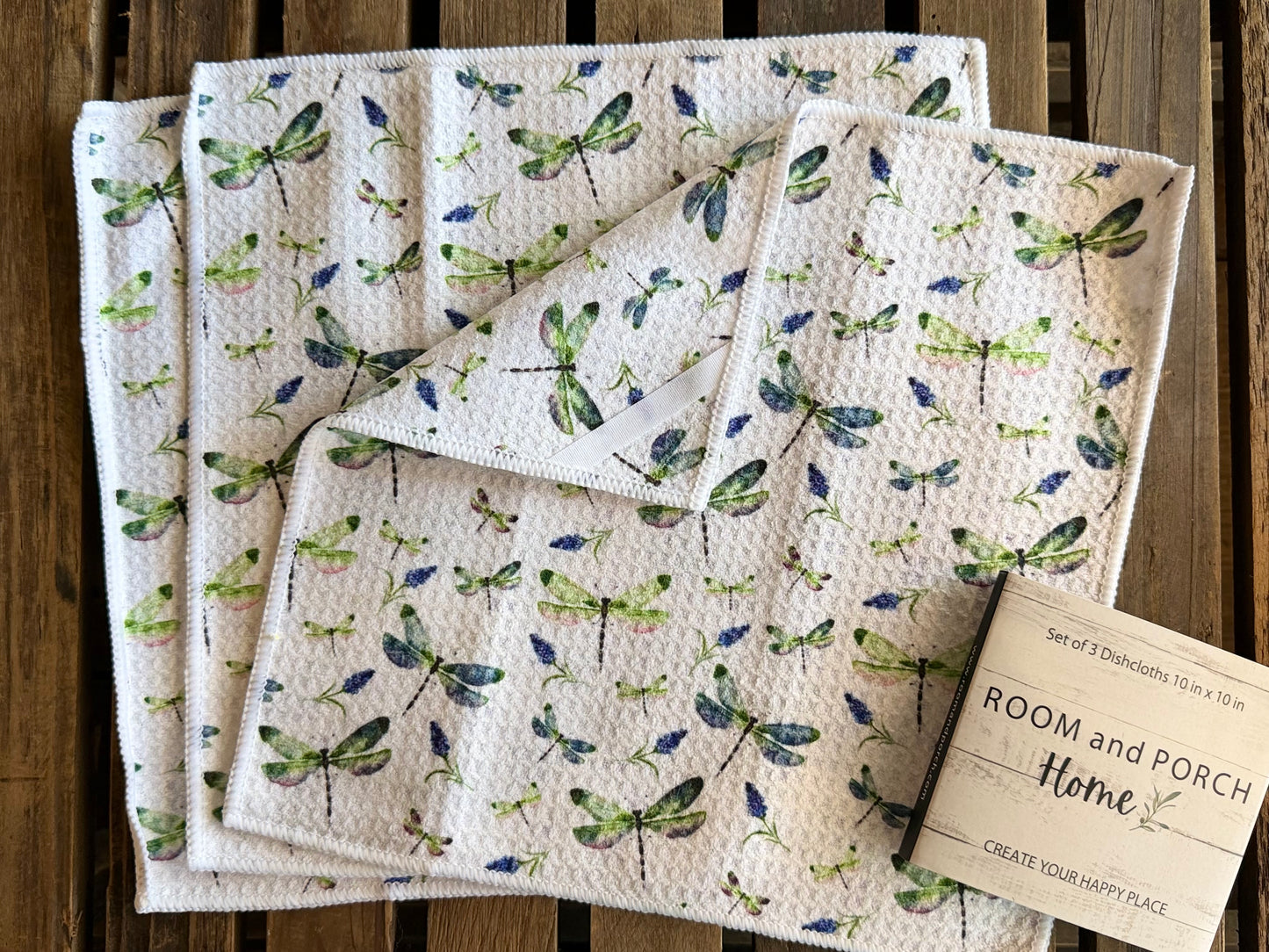 Dragonfly Garden - 2 sided - Set of 3 Dishcloths