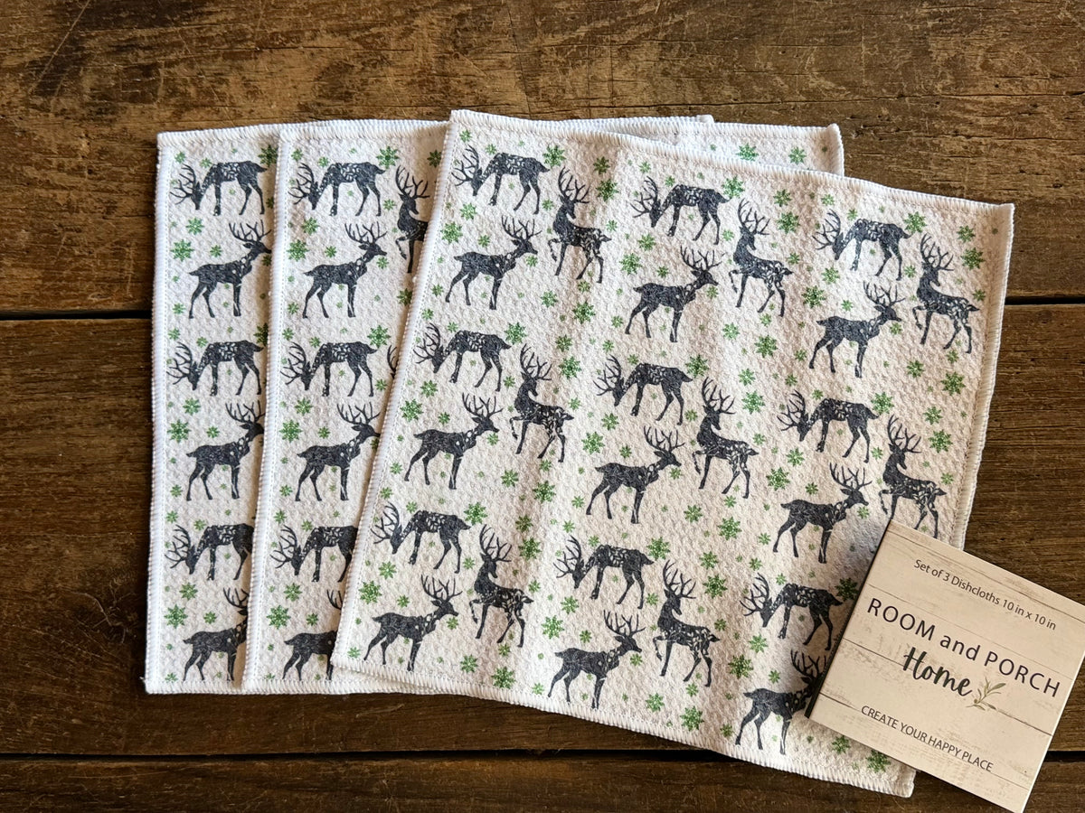 Winter Deer - 2 sided - Set of 3 Dishcloths