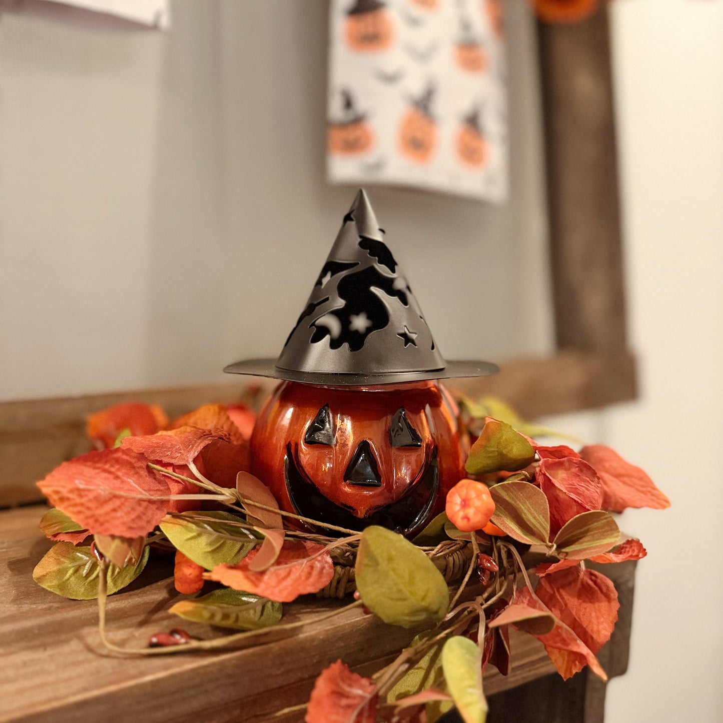 Glass Pumpkin Candle With Witches Hat