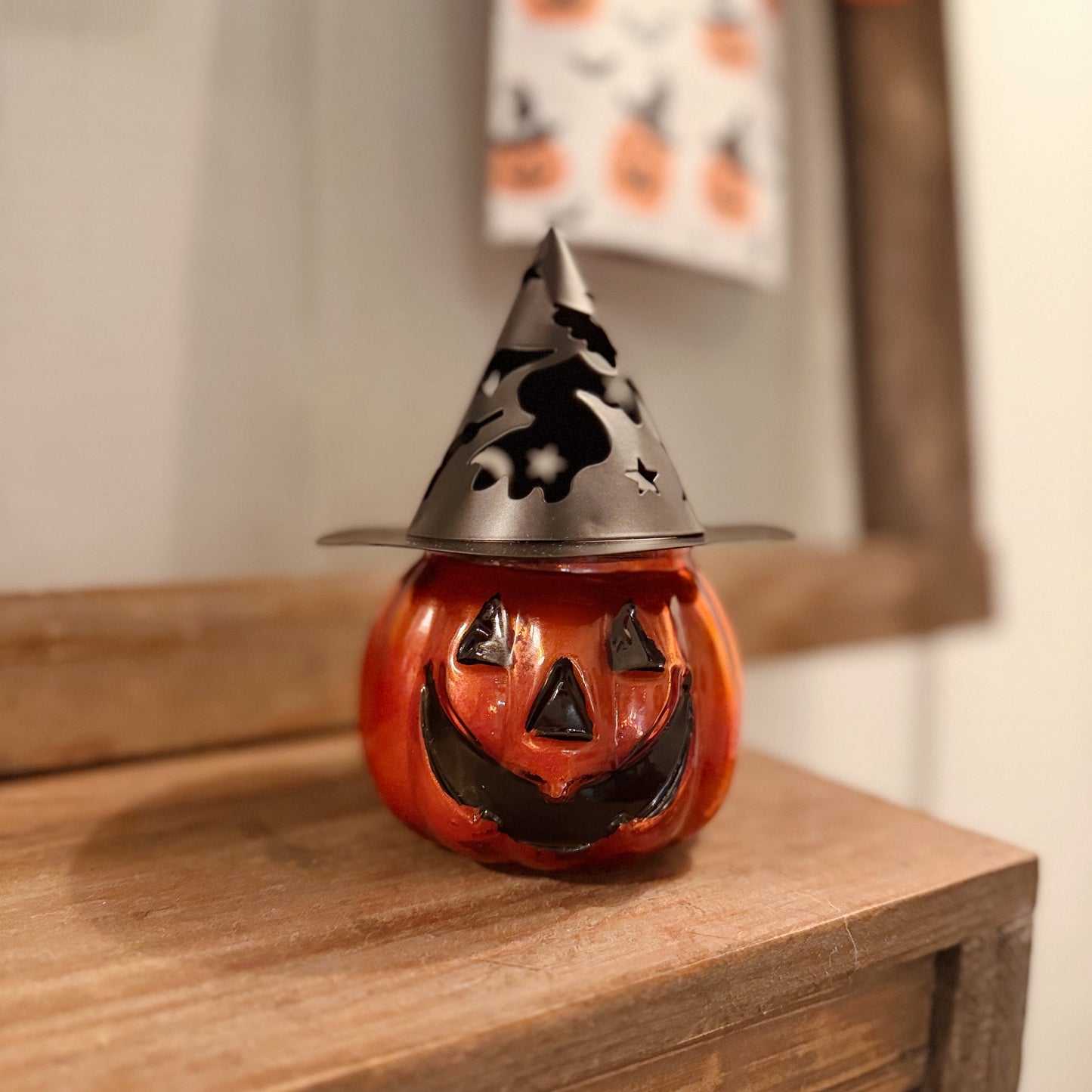 Glass Pumpkin Candle With Witches Hat