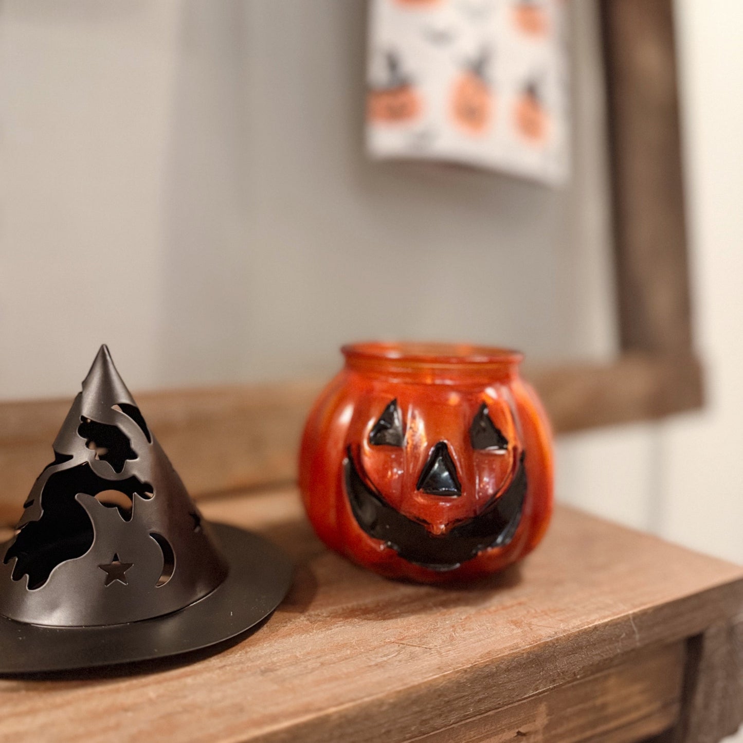 Glass Pumpkin Candle With Witches Hat