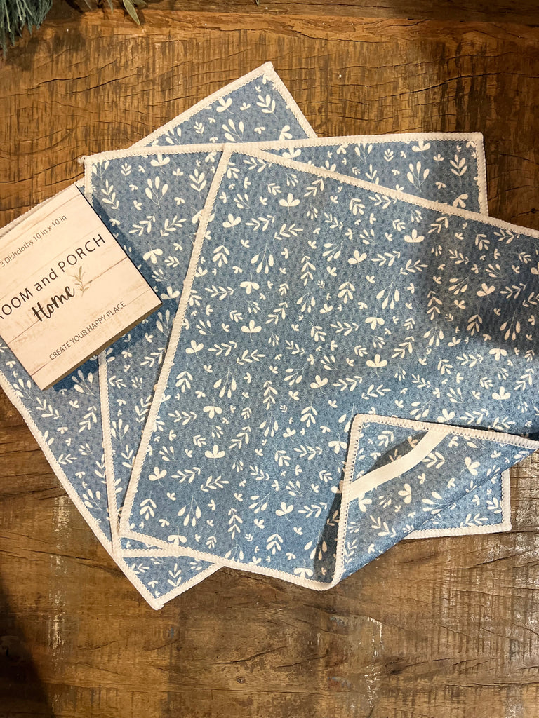 Farmhouse Blue Leaves - Set of 3 Dishcloths