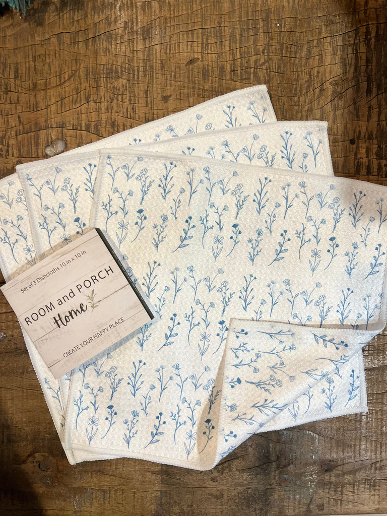Farmhouse Blue Flowers - Set of 3 Dishcloths