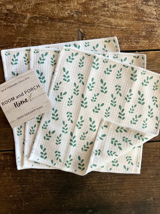 Autumn Green Leaves - 2 sided - Set of 3 Dishcloths