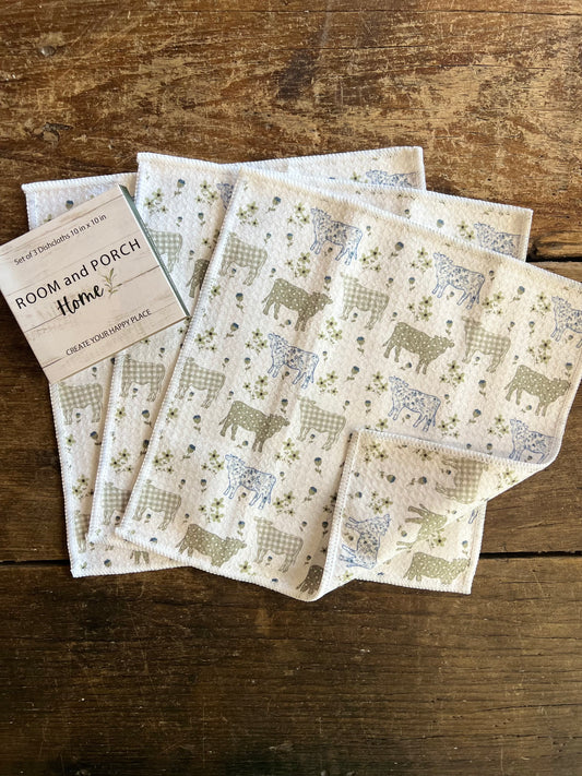 Farmhouse Cows - 2 sided - Set of 3 Dishcloths