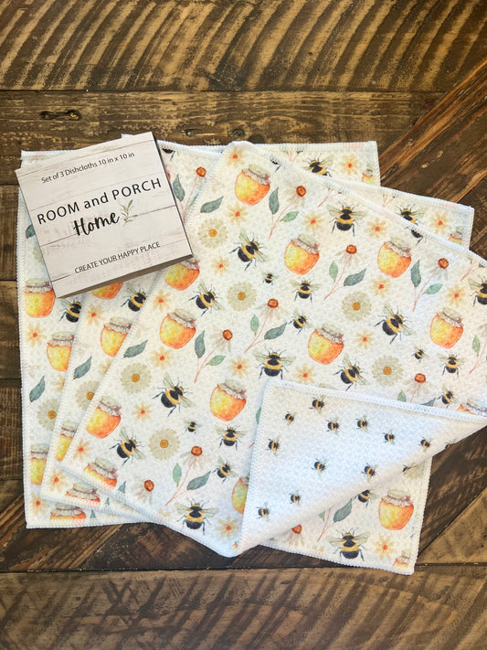 Bees and Honey - 2 sided - Set of 3 Dishcloths