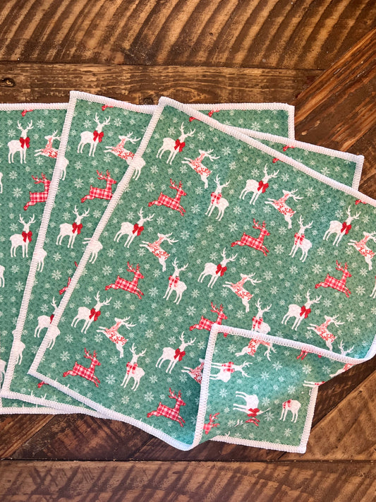 Festive Reindeer - 2 sided - Set of 3 Dishcloths
