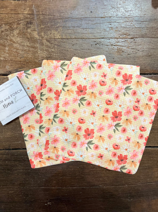 Happy Flowers - Set of 3 Dishcloths - (Yellow)