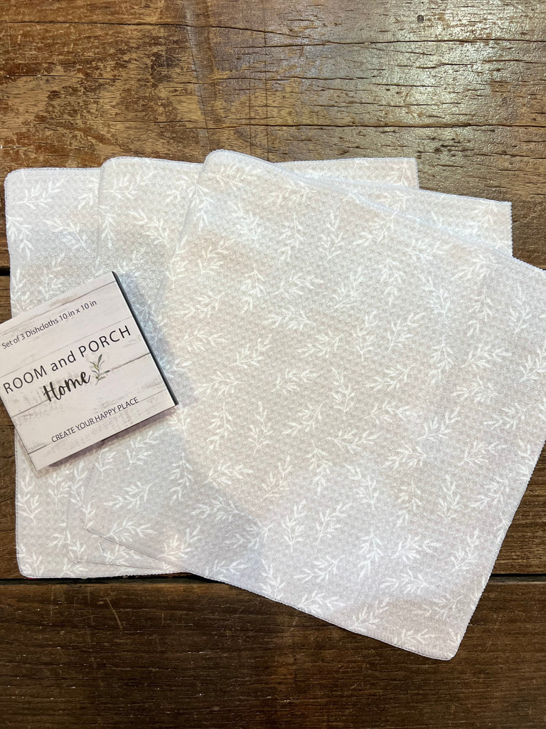 Calm Leaves - Gray and White - Set of 3 Dishcloths