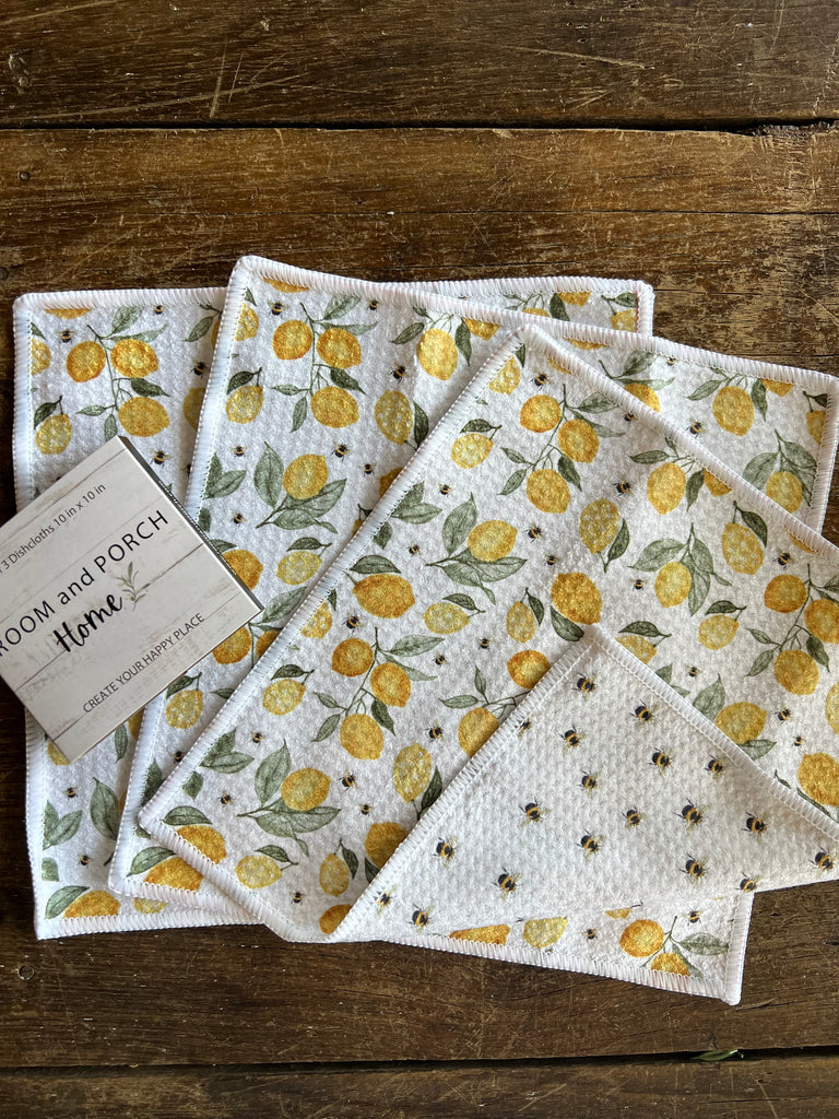 Lemons & Bees - 2 sided - Set of 3 Dishcloths