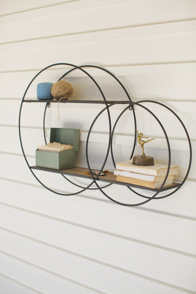 Metal double circle wall unit with wood shelves