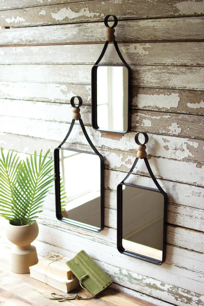 Set of 3 metal framed mirrors with wood ball detail