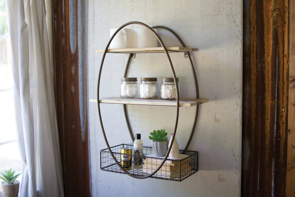 Tall oval metal framed wall unit with recycled wood shelves